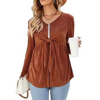 Women's V Neck Blouse Half Zip Up Casual Tunic Shirts Babydoll Chest Tie Knot Shirts