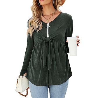 Women's V Neck Blouse Half Zip Up Casual Tunic Shirts Babydoll Chest Tie Knot Shirts