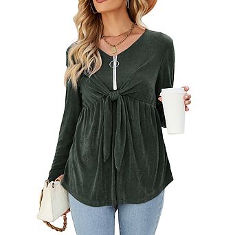 Women's V Neck Blouse Half Zip Up Casual Tunic Shirts Babydoll Chest Tie Knot Shirts