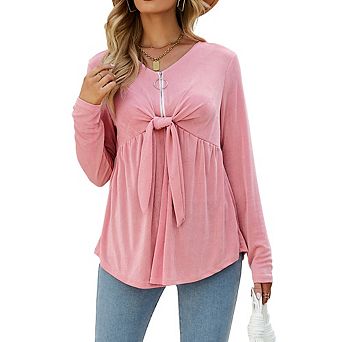 Women's V Neck Blouse Half Zip Up Casual Tunic Shirts Babydoll Chest Tie Knot Shirts