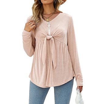 Women's V Neck Blouse Half Zip Up Casual Tunic Shirts Babydoll Chest Tie Knot Shirts