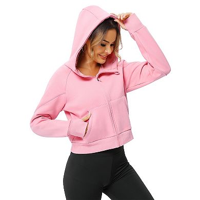 Women's Pullover Hoodie With Thumb Holes Long Sleeve Solid Zipper Tops For Women With Pocket