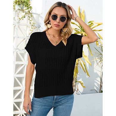 Womens V Neck Summer Pullover Sweater Vests Cap Sleeve Casual Loose Fit Lightweight Knit Vest Tops