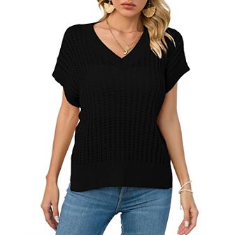 Womens V Neck Summer Pullover Sweater Vests Cap Sleeve Casual Loose Fit Lightweight Knit Vest Tops