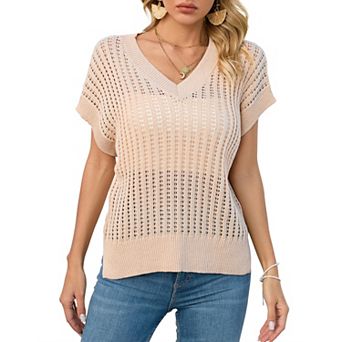 Womens V Neck Summer Pullover Sweater Vests Cap Sleeve Casual Loose Fit Lightweight Knit Vest Tops