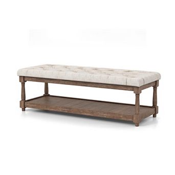 Linen And Wood Bench With Open Shelf In Beige And Antique Brown