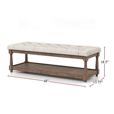 Linen And Wood Bench With Open Shelf In Beige And Antique Brown