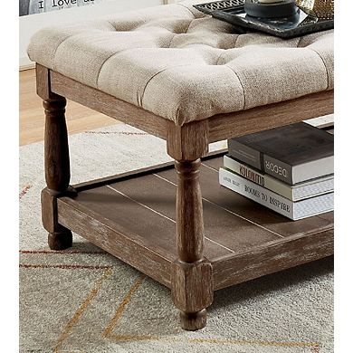 Linen And Wood Bench With Open Shelf In Beige And Antique Brown