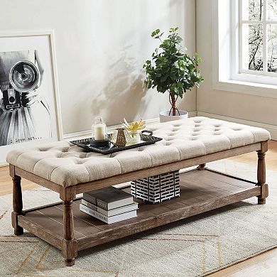 Linen And Wood Bench With Open Shelf In Beige And Antique Brown