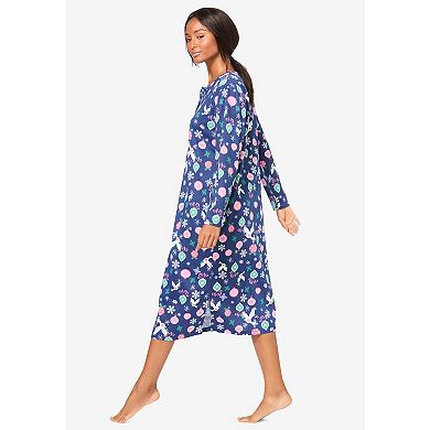 Dreams & Co. Plus Size Long-Sleeve Henley Print Sleepshirt
