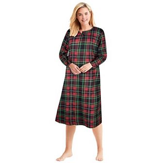 Dreams & Co. Plus Size Long-Sleeve Henley Print Sleepshirt