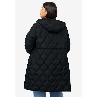 ellos Plus Size Long Quilted Jacket With Drawstring Waist