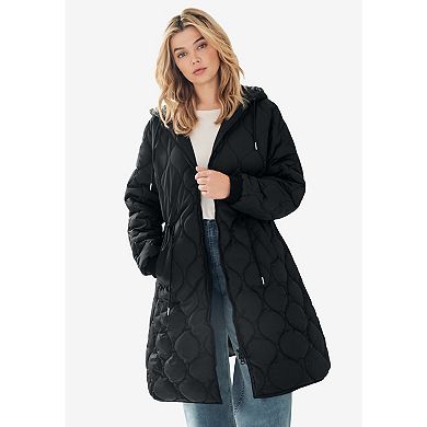 ellos Plus Size Long Quilted Jacket With Drawstring Waist
