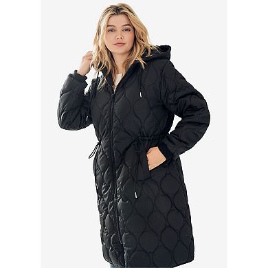 ellos Plus Size Long Quilted Jacket With Drawstring Waist