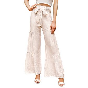 Women's Wide Leg High Waist Pants Smocked Elastic Waist Loose Flowy Pant With Belt