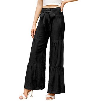 Women's Wide Leg High Waist Pants Smocked Elastic Waist Loose Flowy Pant With Belt