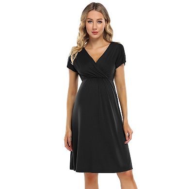 Women's V-neck A-line Knee Length Wrap Dress Swing Maternity Dresses For Baby Shower Or Casual