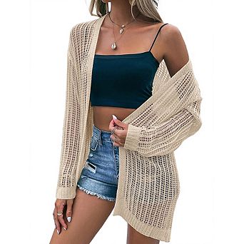 Womens Summer Lightweight Cardigan Long Sleeve Open Front Loose Beach Crochet Cover Up