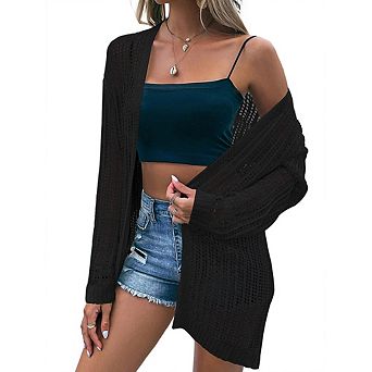 Womens Summer Lightweight Cardigan Long Sleeve Open Front Loose Beach Crochet Cover Up