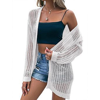 Womens Summer Lightweight Cardigan Long Sleeve Open Front Loose Beach Crochet Cover Up