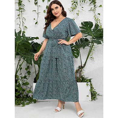 Womens Plus Size V Neck Wrap Maxi Dress High Waist Ruffle Summer Casual Dress with Belt