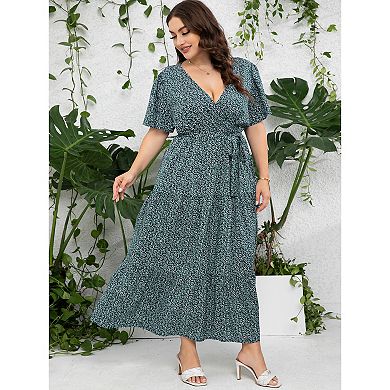 Womens Plus Size V Neck Wrap Maxi Dress High Waist Ruffle Summer Casual Dress with Belt