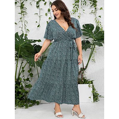 Womens Plus Size V Neck Wrap Maxi Dress High Waist Ruffle Summer Casual Dress With Belt