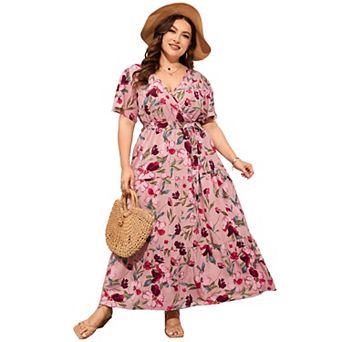 Womens Plus Size V Neck Wrap Maxi Dress High Waist Ruffle Summer Casual Dress with Belt