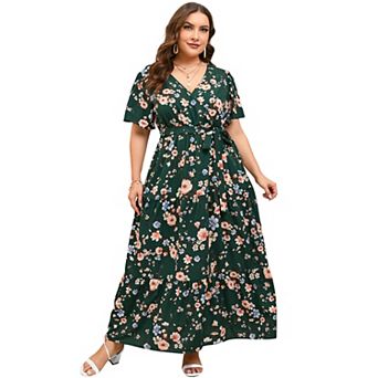 Womens Plus Size V Neck Wrap Maxi Dress High Waist Ruffle Summer Casual Dress with Belt