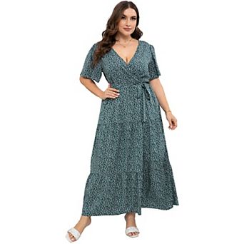 Womens Plus Size V Neck Wrap Maxi Dress High Waist Ruffle Summer Casual Dress with Belt