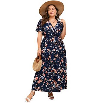 Womens Plus Size V Neck Wrap Maxi Dress High Waist Ruffle Summer Casual Dress with Belt