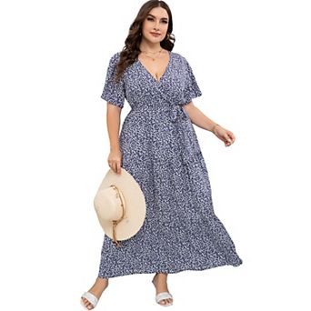 Womens Plus Size V Neck Wrap Maxi Dress High Waist Ruffle Summer Casual Dress with Belt