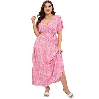 Womens Plus Size V Neck Wrap Maxi Dress High Waist Ruffle Summer Casual Dress with Belt