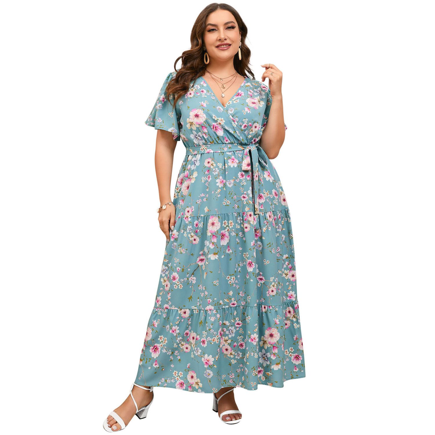 Женские платья Plus Size V Neck Wrap Maxi Dress High Waist Ruffle Summer Casual Dress with Belt