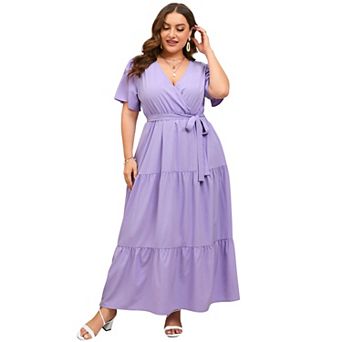 Womens Plus Size V Neck Wrap Maxi Dress High Waist Ruffle Summer Casual Dress with Belt