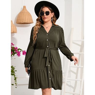 Women's Plus Size Long Sleeve Button Front Belted Shirt Dress V Neck Ruffle Midi Shirt Dress