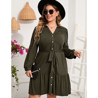 Women's Plus Size Long Sleeve Button Front Belted Shirt Dress V Neck Ruffle Midi Shirt Dress