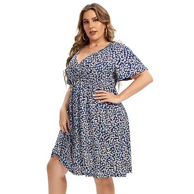 Women's Plus Size Wrap V Neck Short Sleeve Ruffle Hem A Line Short Dress