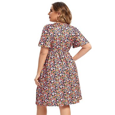Women's Plus Size Wrap V Neck Short Sleeve Ruffle Hem A Line Short Dress
