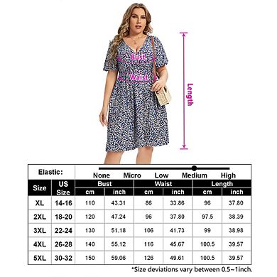 Women's Plus Size Wrap V Neck Short Sleeve Ruffle Hem A Line Short Dress