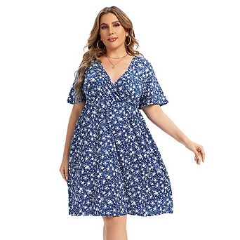 Women's Plus Size Wrap V Neck Short Sleeve Ruffle Hem A Line Short Dress