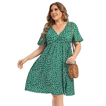 Women's Plus Size Wrap V Neck Short Sleeve Ruffle Hem A Line Short Dress