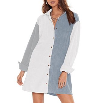 Womens Corduroy Colorblock Button Down Shirt Dress Casual Long Sleeve Oversized Tunic Blouses