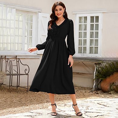 Women's Ruffle Trim V Neck Long Sleeve Solid Bohemian Casual High Waist Pleated Maxi Party Dress