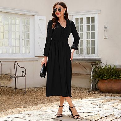 Women's Ruffle Trim V Neck Long Sleeve Solid Bohemian Casual High Waist Pleated Maxi Party Dress