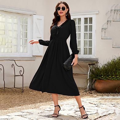 Women's Ruffle Trim V Neck Long Sleeve Solid Bohemian Casual High Waist Pleated Maxi Party Dress