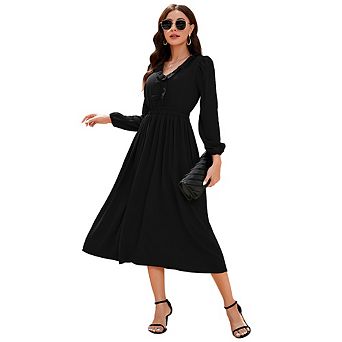 Women's Ruffle Trim V Neck Long Sleeve Solid Bohemian Casual High Waist Pleated Maxi Party Dress