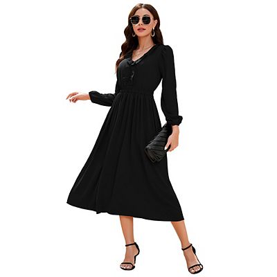 sachin and babi light blue dress Women's Ruffle Trim V Neck Long Sleeve Solid Bohemian Casual High Waist  Pleated Maxi Party Dress