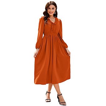 Women's Ruffle Trim V Neck Long Sleeve Solid Bohemian Casual High Waist Pleated Maxi Party Dress