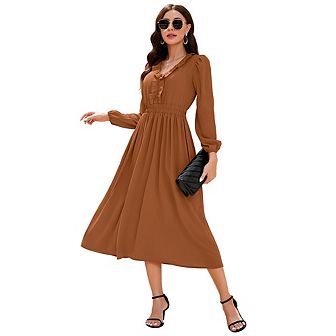Women's Ruffle Trim V Neck Long Sleeve Solid Bohemian Casual High Waist Pleated Maxi Party Dress
